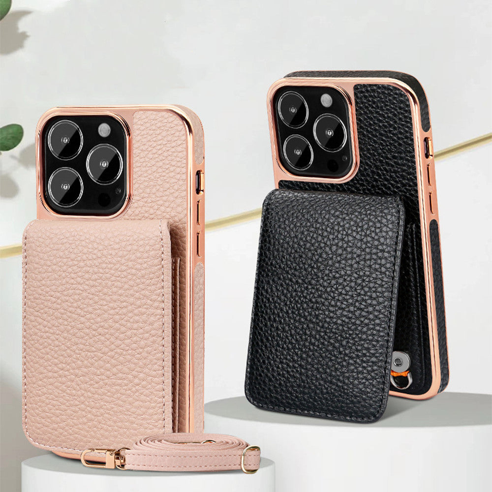 Electroplated Wallet iPhone Case with Chain Strap – Card Holder Cover for iPhone 11–14 Series