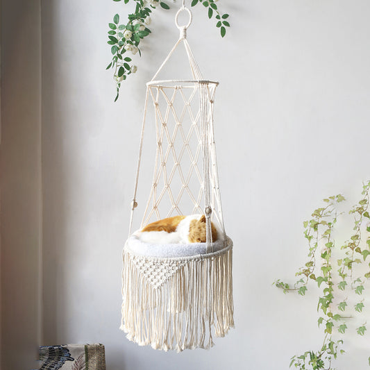 Macrame Hanging Cat Hammock – Handwoven Boho Swing for Stylish Cats – grooming kit