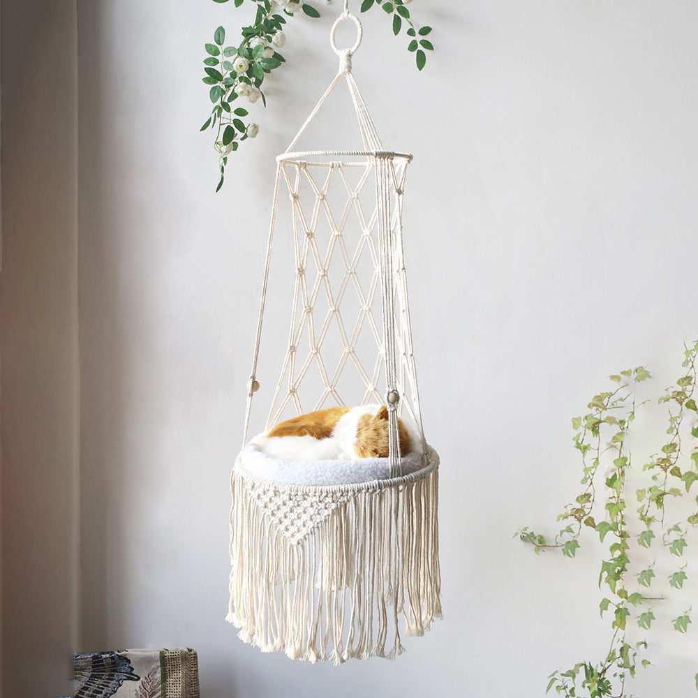 Macrame Hanging Cat Hammock – Handwoven Boho Swing for Stylish Cats – grooming kit